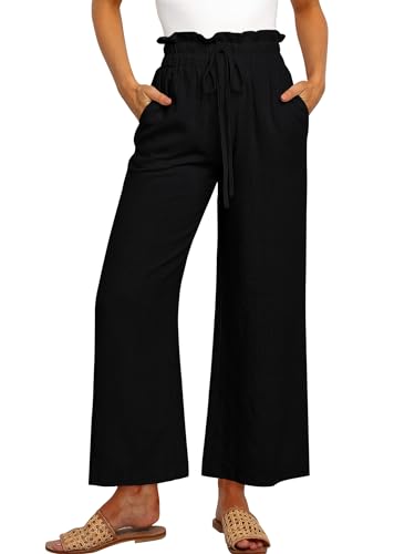 Cindeyar Hose Damen Leinenhose Sommer Casual Leichte Palazzo Hose Hohe Taille Einfarbig Leinen Freizeithose Sommerhose Mit Taschen und Tunnelzug (Schwarz, L) von Cindeyar