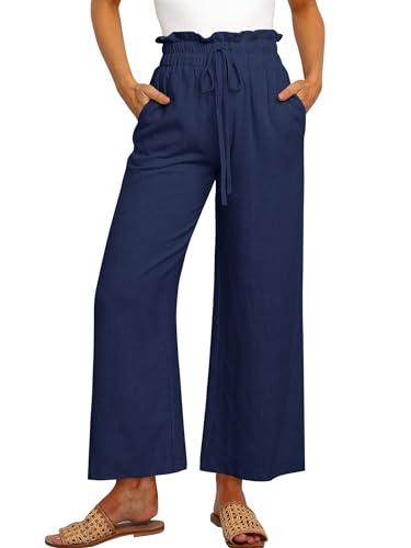 Cindeyar Leinenhose Damen Hosen Sommer Casual Leichte Palazzo Hohe Taille Einfarbig Leinen Freizeithose Sommerhose Mit Taschen und Tunnelzug (Dunkelblau, S) von Cindeyar