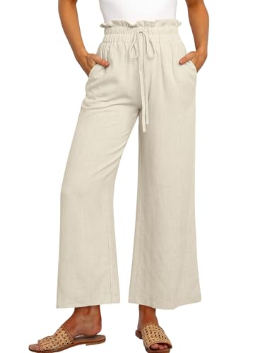 Cindeyar Leinenhose Damen Hosen Sommer Casual Leichte Palazzo Hohe Taille Einfarbig Leinen Freizeithose Sommerhose Mit Taschen und Tunnelzug (Khaki, L) von Cindeyar