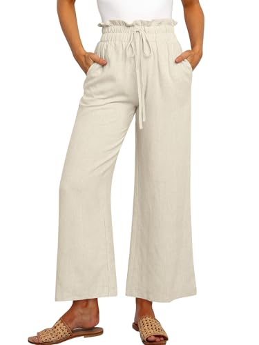 Cindeyar Leinenhose Damen Hosen Sommer Casual Leichte Palazzo Hose Hohe Taille Einfarbig Leinen Freizeithose Sommerhose Mit Taschen und Tunnelzug (Khaki, XXL) von Cindeyar