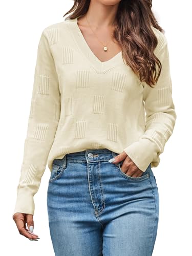 Cindeyar Pullover Damen Langarm V Ausschnitt Strickpullover Winter Casual Elegant Pulli Warm Oberteile (Beige, M) von Cindeyar
