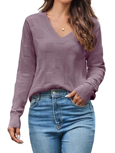 Cindeyar Pullover Damen Langarm V Ausschnitt Strickpullover Winter Casual Elegant Pulli Warm Oberteile (Grau Lila, L) von Cindeyar