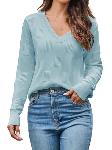 Cindeyar Pullover Damen Langarm V Ausschnitt Strickpullover Winter Casual Elegant Pulli Warm Oberteile (Hellblau, L) von Cindeyar