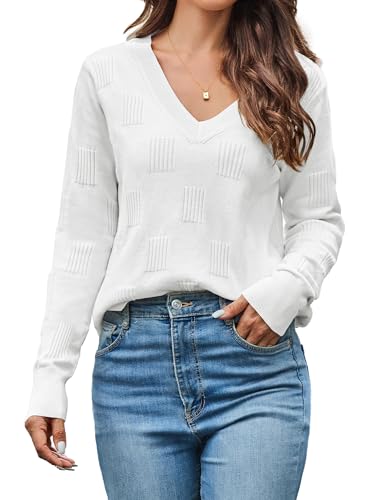 Cindeyar Pullover Damen Langarm V Ausschnitt Strickpullover Winter Casual Elegant Pulli Warm Oberteile (Weiß, L) von Cindeyar