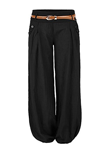 Cindeyar Damen Haremshose Elegant Pumphose Lange Leinen Hose mit Gürtel Aladin Pants (XXL, Schwarz) von Cindeyar