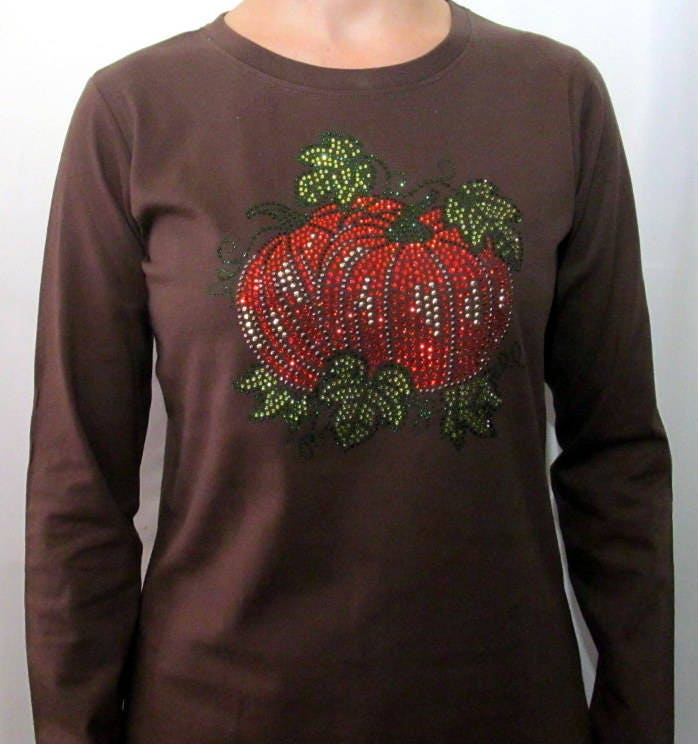 strass Kürbis Herbst Braun Bling Langarm T-Shirt Cindy's Shirts Boutique von CindysBlingShirtShop