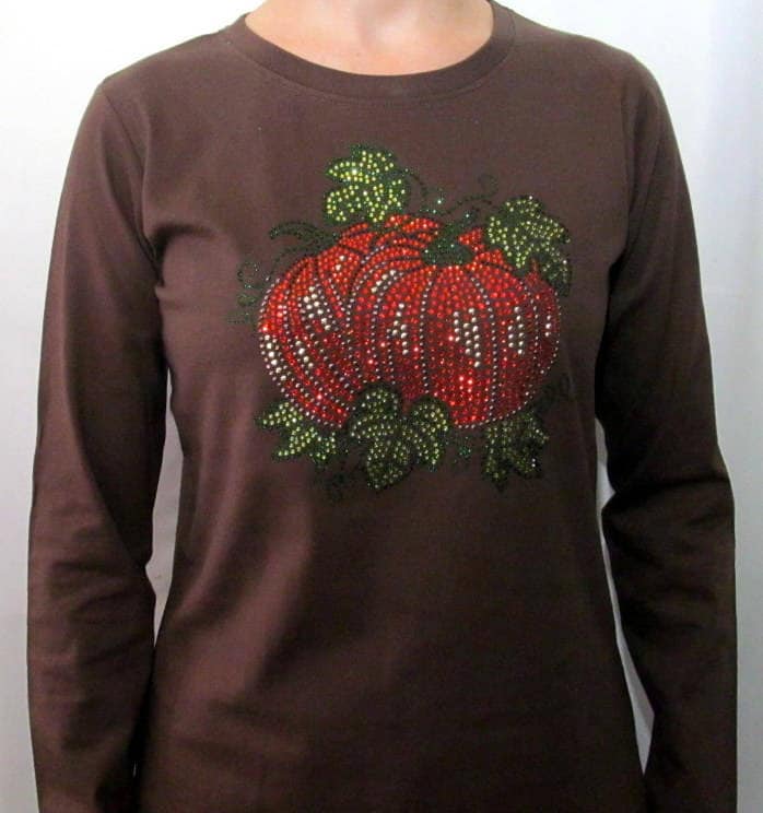 strass Kürbis Herbst Braun Bling Langarm T-Shirt Cindy's Shirts Boutique von CindysBlingShirtShop