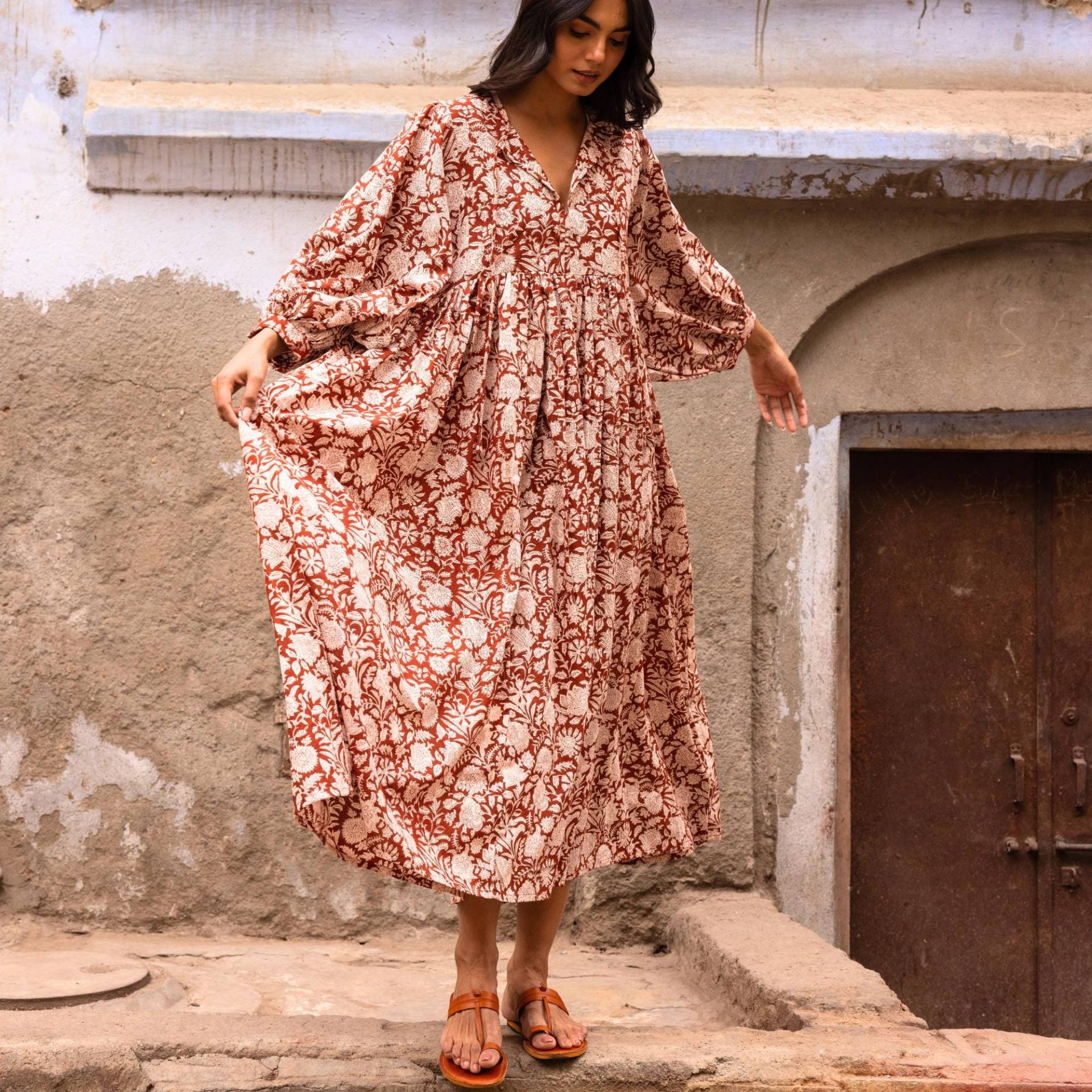 Maxikleid Mit Baumwoll-Blockprint Zimtblumen Boho Festival Kleid Maxikleid Mit Baumwoll-Blockprint Zimtblumen Boho Festival Kleid von CinnamonJunctionUK