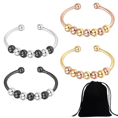 4 Stück Anti Stress Ring, Anxiety Ring Fidget Ring Offener Ringe Angst Ring mit Beweglichen Perlen Verstellbar Gold Worry Rings Mit Aufbewahrungstasche, Spinning Ring für Damen Verlobungsringe von Cinsersr