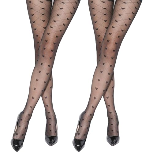 Cinsersr 2 Paar Strumpfhosen Damen Muster,Strumpfhose mit Muster,Strumpfhose Herzen,Strumpfhose mit Herzchen Schwarz,Bequem,Atmungsaktiv,Eine Grösse,Strumpfhose Muster für Halloween Weihnachten von Cinsersr