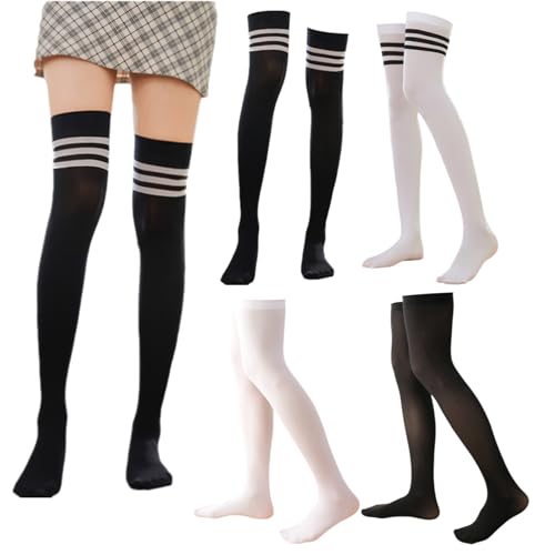 Cinsersr 4 Paare Overknee Strümpfe Thigh Highs Thigh High Socks Overknee Strümpfe Damen Overknees Socken Damen Modisch, Vielseitig, Warm, Elastisch, Bequem Und Atmungsaktiv (Schwarz/Weiß/Gestreift) von Cinsersr