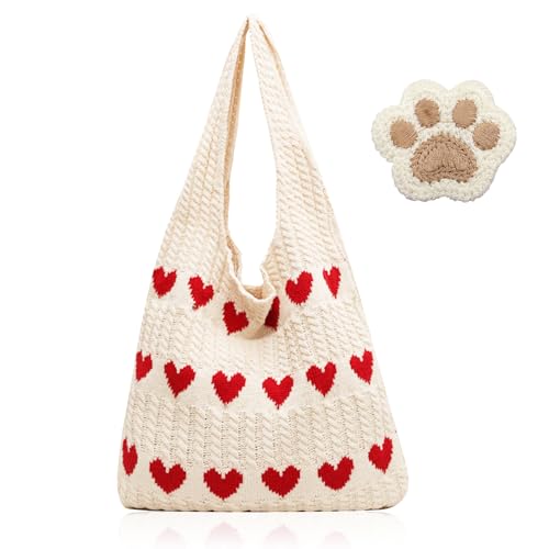 Cinsersr Tote Bag Aesthetic Gehäkelte Tasche Crochet Bag Gestrickte Umhängetasche Gehäkelte Einkaufstasche Kommt mit 1 Stück Bärentatzen-Taschenanhänger Herzförmige Strandtaschen-Handtasche von Cinsersr