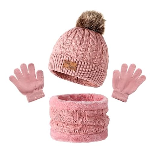 Mütze Handschuhe Set Kinder,3 in 1 Mütze und Halstuch Baby Set,Haube Schal Set Kinder Dreiteiliges Set,Baby Mütze Beanie Strickmütze,Winter Beanie Hut Schal Handschuhe Set für Kinder 1-6 Jahre (Rosa) von Cinsersr