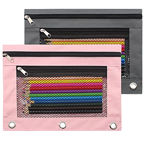 Cinvo Federmäppchen mit 3 Ringen und Reißverschluss, Federmäppchen aus Segeltuch mit 2 Fächern, Pink und Grau, Taschen-Organizer von Cinvo