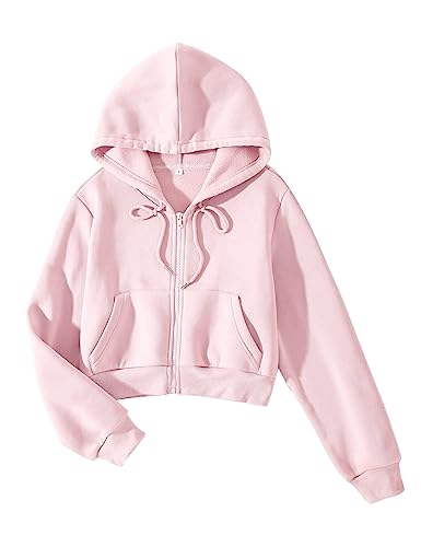 Cioatin Damen Fleece Zip Up Crop Hoodies Sweatshirt Y2K Herbst Trendy Langarm Athletic Workout Pullover Jacke Pullover, Pink, M von Cioatin