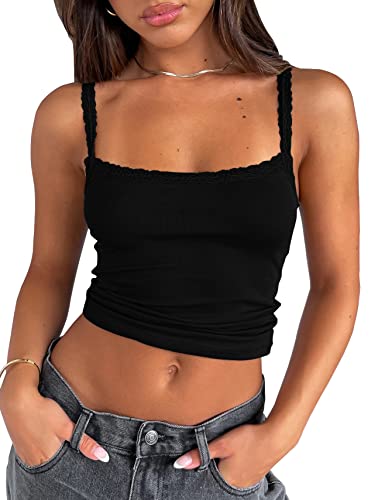 Cioatin Damen Spitze Patchwork Spaghettiträger Crop Cami Strappy Y2K Ausgehen Crop Top Tank Ärmellos Slim Fit Shirt, Schwarz, Klein von Cioatin