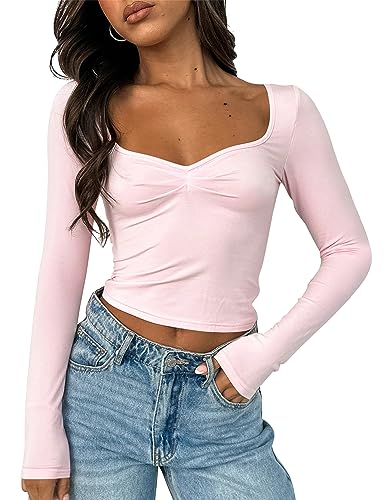 Cioatin Frauen Ausgehen Crop Tops Y2K Kleidung Niedlich Herzausschnitt Langarm T-Shirt Top Skinny Herbst Trendiges T-Shirt Teens, Pink, Klein Cioatin Frauen Ausgehen Crop Tops Y2K Kleidung Niedlich Herzausschnitt Langarm T-Shirt Top Skinny Herbst Trendiges T-Shirt Teens, Pink, Klein von Cioatin