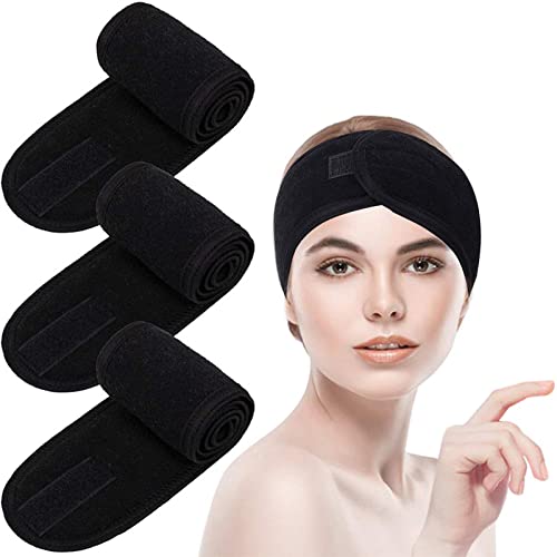 3 Stück Haarband für Make Up,Kosmetik Haarband,Kosmetik Stirnband Frottee,Verstellbare Haarschutzband mit Klettverschluss, für Duschen,Make Up(Schwarz) von Ciomiliaro