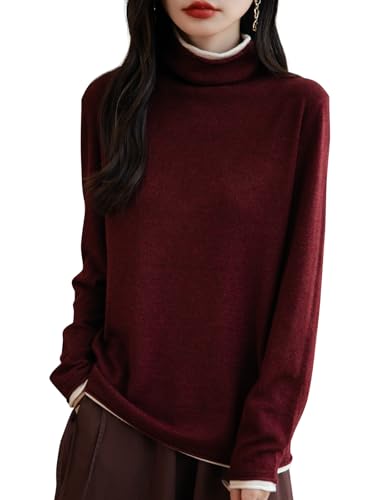 Ciokis Damen Merinowolle Mischung Pullover 2025 Herbst Winter Gefälschtes Zweiteiliges Farbblock Rollkragen Langärmelig Strickpullover (Dunkelrot5227,L) von Ciovkis