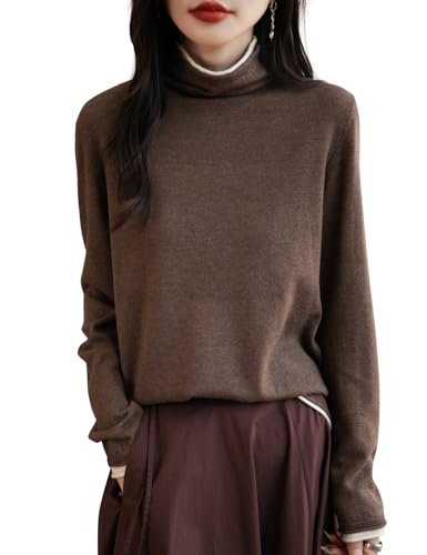 Ciokis Damen Merinowolle Mischung Pullover 2025 Herbst Winter Gefälschtes Zweiteiliges Farbblock Rollkragen Langärmelig Strickpullover (Tan5007,S) von Ciovkis