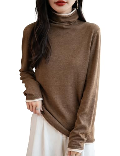 Ciokis Damen Merinowolle Pullover 2025 Herbst Winter Gefälschtes Zweiteiliges Farbblock Rollkragen Langärmelig Strickpullover (Braun5202,S) von Ciovkis