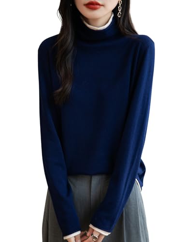 Ciokis Damen Merinowolle Mischung Pullover 2025 Herbst Winter Gefälschtes Zweiteiliges Farbblock Rollkragen Langärmelig Strickpullover (Navy Blau5190,L) von Ciovkis