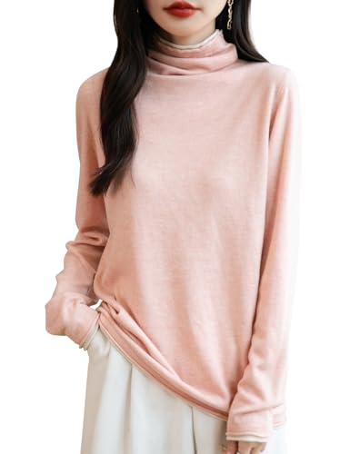 Ciokis Damen Merinowolle Pullover 2025 Herbst Winter Gefälschtes Zweiteiliges Farbblock Rollkragen Langärmelig Strickpullover (Rosa5185,XL) von Ciovkis