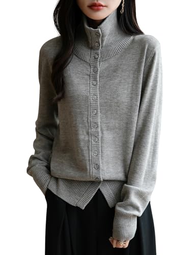 Ciovkis Damen Merinowolle Mischung Cardigan 2025 Herbst Winter Lässig Mit Stehkragen Langen Ärmeln Cardigan Mit Knöpfen (Nebelgrau5016,S) von Ciovkis