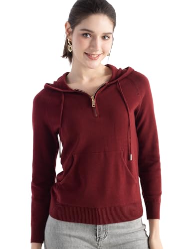 Ciovkis Damen Merinowolle Hoodies 2025 Casual Sweatshirt Rundhals Langarm Strickpullover mit Reißverschluss（Rot，XL） von Ciovkis