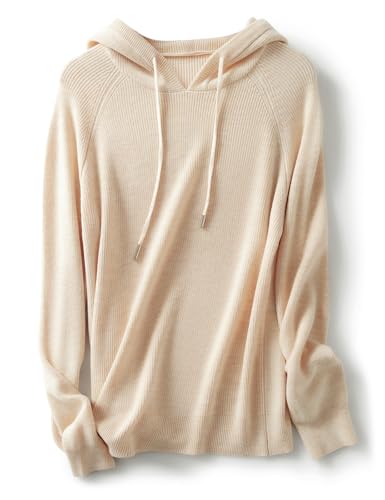 Ciovkis Damen Merinowolle Mischung Hoodies 2025 Herbst Winter Casual Rundhals Sweatshirt Langarm Strickpullover mit Kordelzug (Beige,XL) von Ciovkis