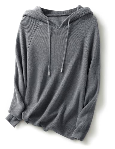 Ciovkis Damen Merinowolle Mischung Hoodies 2025 Herbst Winter Casual Rundhals Sweatshirt Langarm Strickpullover mit Kordelzug (Grau,L) von Ciovkis