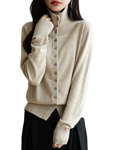 Ciovkis Damen Merinowolle Mischung Cardigan 2025 Herbst Winter Lässig Mit Stehkragen Langen Ärmeln Cardigan Mit Knöpfen (Aprikose5014,S) von Ciovkis