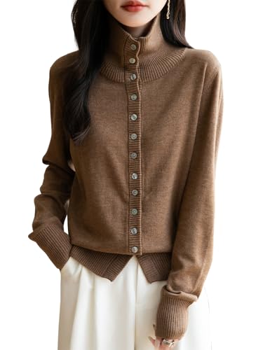 Ciovkis Damen Merinowolle Mischung Cardigan 2025 Herbst Winter Lässig Mit Stehkragen Langen Ärmeln Cardigan Mit Knöpfen (Braun5202,S) von Ciovkis