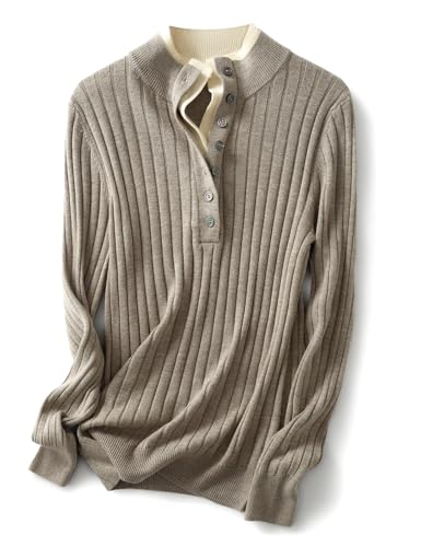 Ciovkis Damen Merinowolle Mischung Pullover 2025 Herbst Winter Gefälschter Zweiteiliger Farbblock Stehkragen Langärmelige Strickpullover (Hellbraun Grau,XL) von Ciovkis