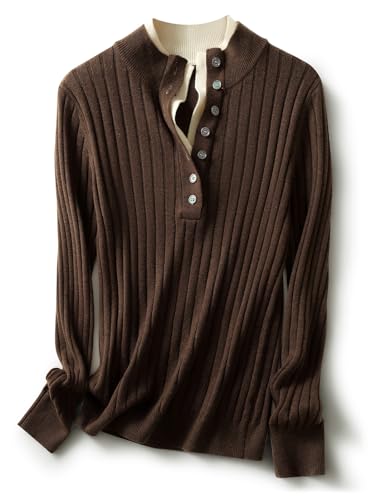 Ciovkis Damen Merinowolle Mischung Pullover 2025 Herbst Winter Gefälschter Zweiteiliger Farbblock Stehkragen Langärmelige Strickpullover (Kaffee,S) von Ciovkis