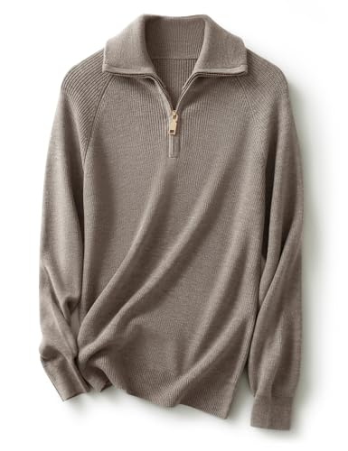 Ciovkis Damen Merinowolle Mischung Pullover 2025 Herbst Winter Polo V Ausschnitt 1/4-Reißverschluss Lange Ärmel Strickpullover (Hellbraun Grau,L) von Ciovkis