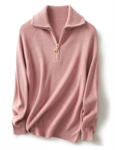 Ciovkis Damen Merinowolle Mischung Pullover 2025 Herbst Winter Polo V Ausschnitt 1/4-Reißverschluss Lange Ärmel Strickpullover (Rosa,L) von Ciovkis