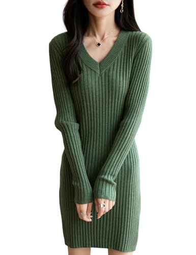 Ciovkis Damen Merinowolle Mischung Pulloverkleid 2025 Herbst Winter V-Ausschnitt Freizeitkleider Schmale Passform Langärm RIPP Strickkleid (Grün5069,S) von Ciovkis