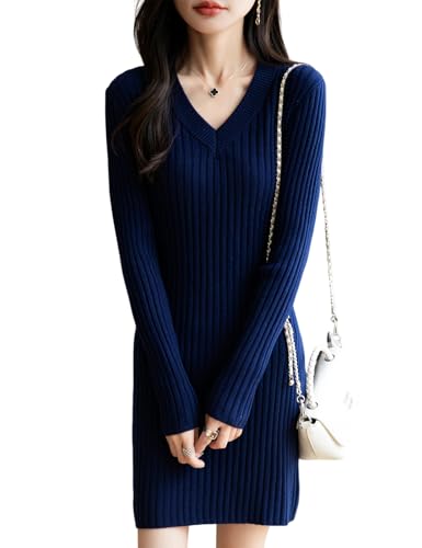 Ciovkis Damen Merinowolle Mischung Pulloverkleid 2025 Herbst Winter V-Ausschnitt Freizeitkleider Schmale Passform Langärm RIPP Strickkleid (Navy Blau5190,S) von Ciovkis