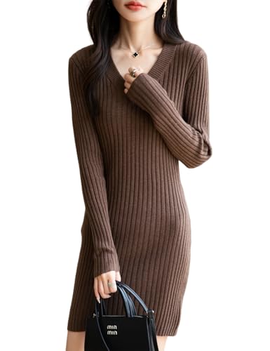 Ciovkis Damen Merinowolle Mischung Pulloverkleid 2025 Herbst Winter V-Ausschnitt Freizeitkleider Schmale Passform Langärm RIPP Strickkleid (Tan5007,S) von Ciovkis