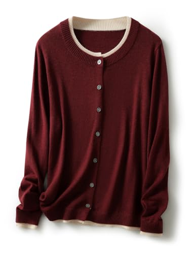 Ciovkis Damen Merinowolle Mischung Strickjacke 2025 Herbst Winter Gefälschter Zweiteiliger Rundhalsausschnitt langärmelige Strickjacke (Dunkelrot,L) von Ciovkis