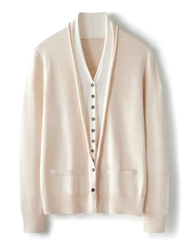 Ciovkis Damen Merinowolle Mischung Strickjacke 2025 Herbst Winter V-Ausschnitt Gefälschte Zweiteilige Langärmelig Strickjacke (Beige,M) von Ciovkis