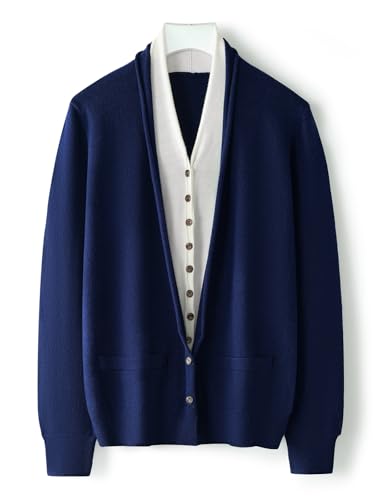 Ciovkis Damen Merinowolle Mischung Strickjacke 2025 Herbst Winter V-Ausschnitt Gefälschte Zweiteilige Langärmelig Strickjacke (Navy Blau,XL) von Ciovkis