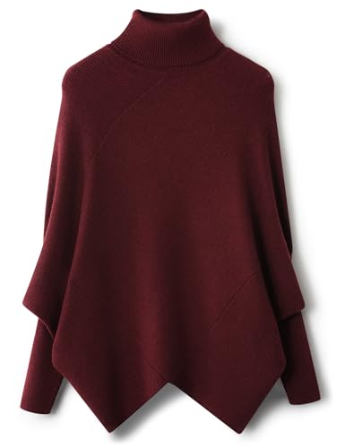 Ciovkis Damen-Merinowolle Mischung Übergroß Pullover 2025 Herbst Winter Trendiger Rollkragen Fledermausärmeln Strickpullover (Dunkelrot,L) von Ciovkis