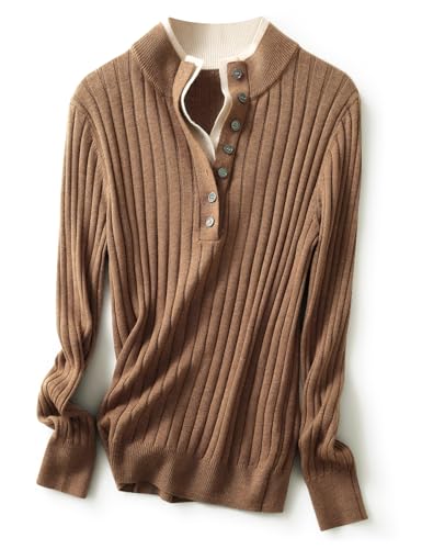 Ciovkis Damen Merinowolle Mischung Pullover 2025 Herbst Winter Gefälschter Zweiteiliger Farbblock Stehkragen Langärmelige Strickpullover (Braun,S) von Ciovkis