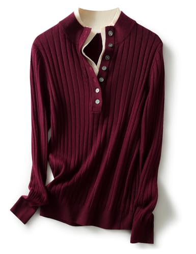 Ciovkis Damen Merinowolle Pullover 2025 Herbst Winter Gefälschter Zweiteiliger Farbblock Stehkragen Langärmelige Strickpullover (Rotbraun,XL) von Ciovkis