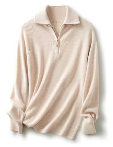 Ciovkis Damen Merinowolle Mischung Pullover 2025 Herbst Winter Polo V Ausschnitt 1/4-Reißverschluss Lange Ärmel Strickpullover (Beige,M) von Ciovkis