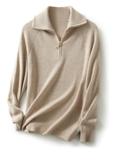 Ciovkis Damen Merinowolle Pullover 2025 Herbst Winter Polo V Ausschnitt 1/4-Reißverschluss Lange Ärmel Strickpullover (Helle Aprikose,M) von Ciovkis