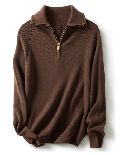 Ciovkis Damen Merinowolle Pullover 2025 Herbst Winter Polo V Ausschnitt 1/4-Reißverschluss Lange Ärmel Strickpullover (Tan,L) von Ciovkis