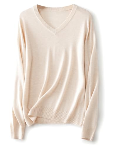Ciovkis Damen Merinowolle Mischung Pullover Herbst Winter V-Ausschnitt Lange Ärmel First-Line Tragefertig Nahtloser Strickpullover (Beige,M) von Ciovkis